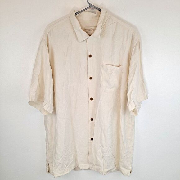 Tommy Bahama Original  100% Silk Cream Embossed Print Mickey Logo Button T Shirt - Picture 1 of 8